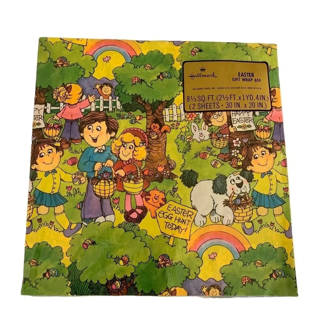 VINTAGE Happy Easter Hallmark Wrapping Paper Sealed 2 Sheets Egg Hunt Dog Kids